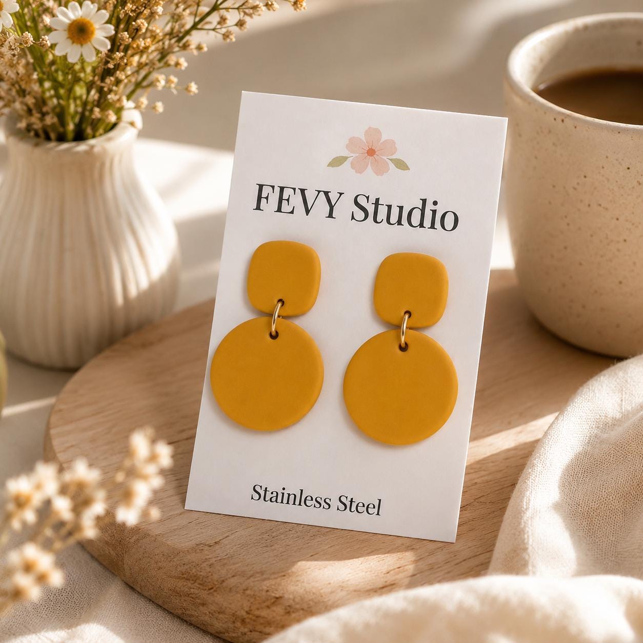 Mustard Yellow Statement Earrings | Minimalist Polymer Clay Dangle Earrings | Lightweight Geometric Earrings | Stainless Steel | Gift