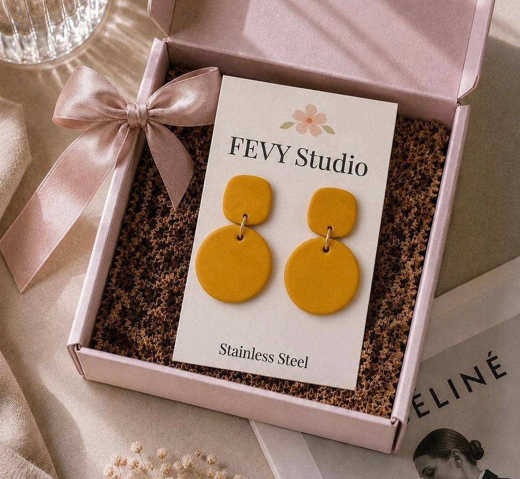 Mustard Yellow Statement Earrings | Minimalist Polymer Clay Dangle Earrings | Lightweight Geometric Earrings | Stainless Steel | Gift