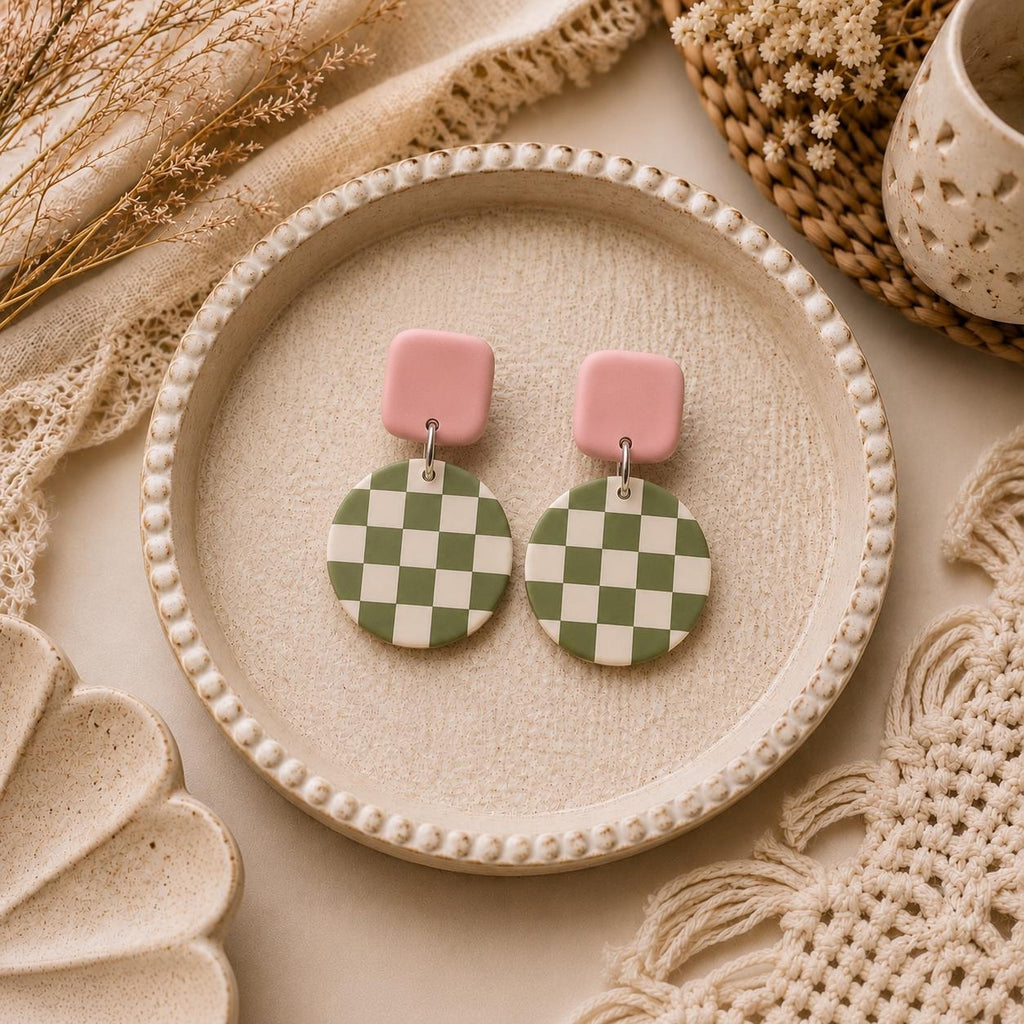 Sage Green Checkerboard |  Pink Stud Dangle Earrings | Polymer Clay Dangle Earrings | Retro Boho Lightweight Jewelry