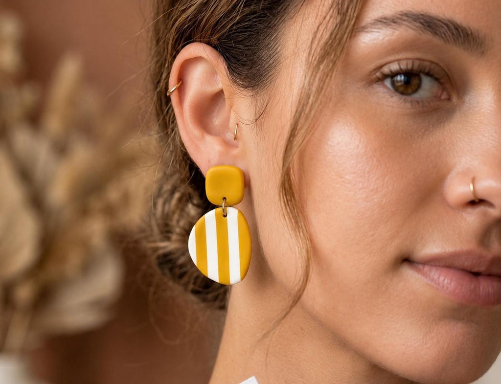 Mustard Polymer Clay Earrings | Handmade Statement Dangle Earrings | Yellow Stripe Earrings | Modern Minimalist Jewelry | Lightweight Gift