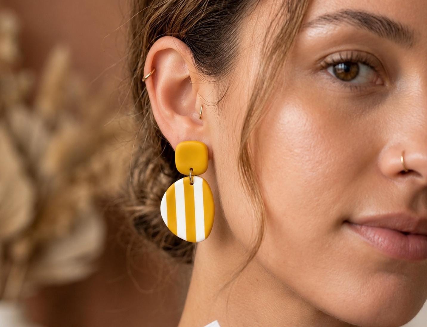 Mustard Polymer Clay Earrings | Handmade Statement Dangle Earrings | Yellow Stripe Earrings | Modern Minimalist Jewelry | Lightweight Gift