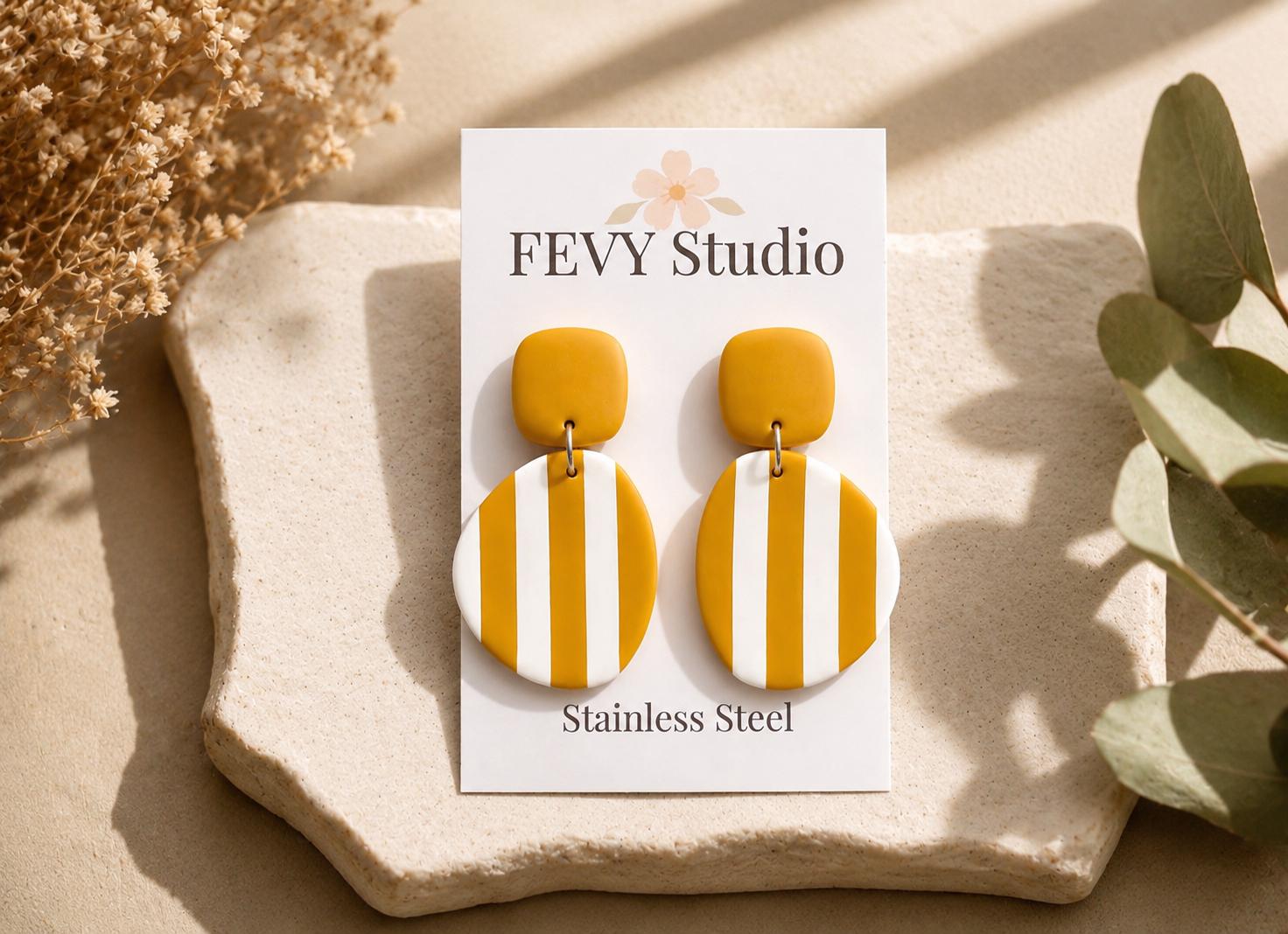 Mustard Polymer Clay Earrings | Handmade Statement Dangle Earrings | Yellow Stripe Earrings | Modern Minimalist Jewelry | Lightweight Gift
