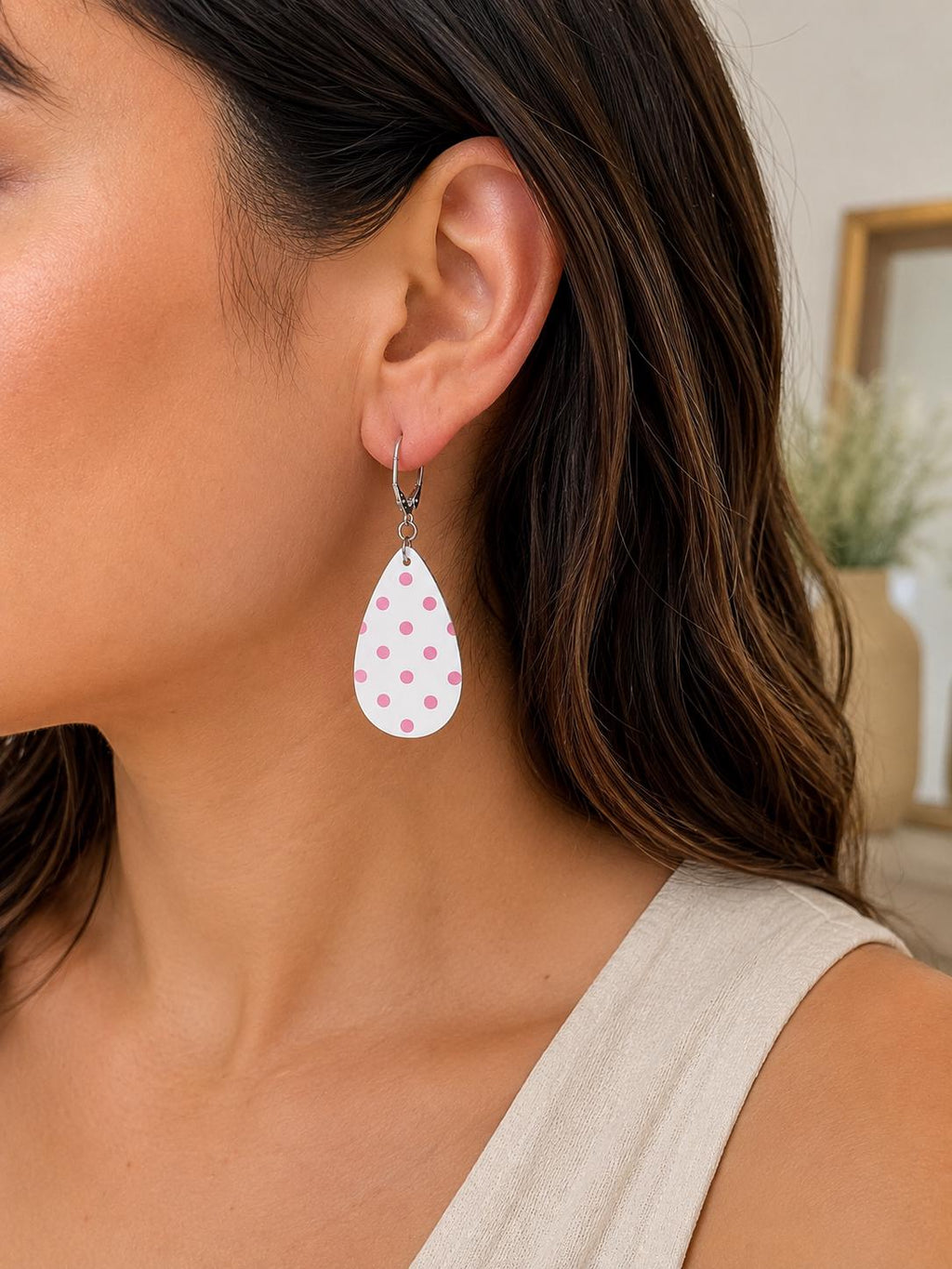 Handmade Pink White Polka Dot Teardrop Earrings, Lightweight Polymer Clay Dangle Jewelry
