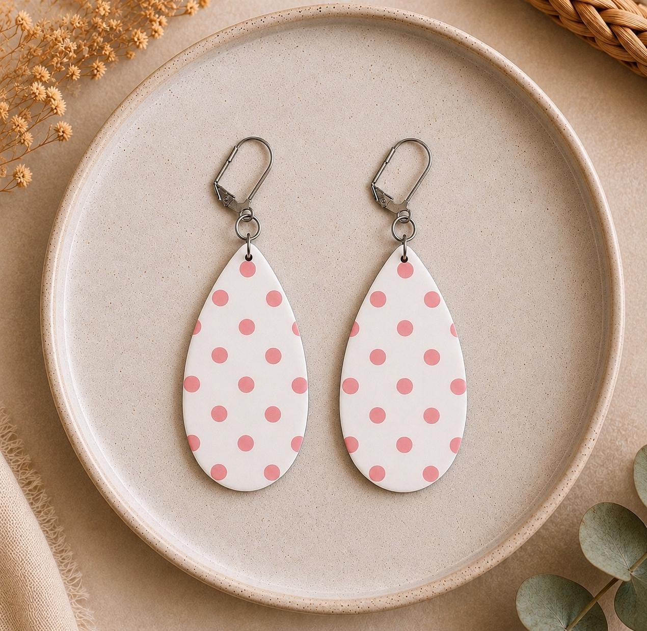 Handmade Pink White Polka Dot Teardrop Earrings, Lightweight Polymer Clay Dangle Jewelry
