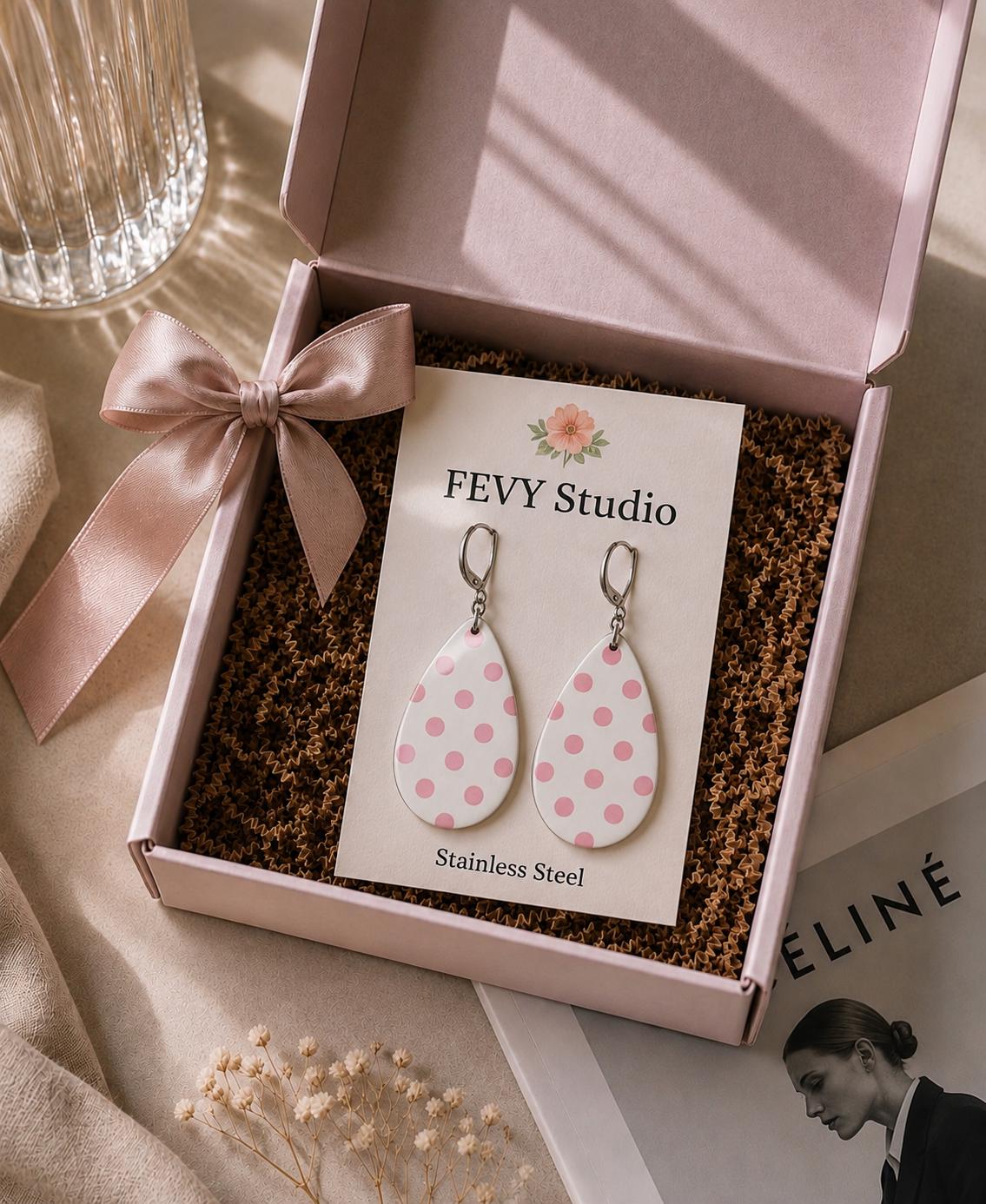 Handmade Pink White Polka Dot Teardrop Earrings, Lightweight Polymer Clay Dangle Jewelry