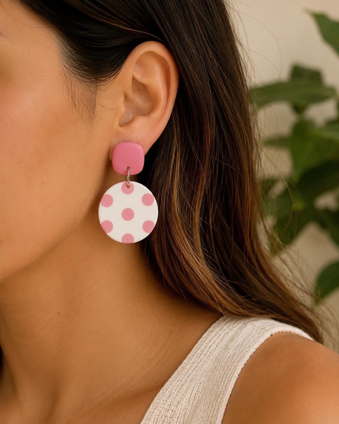 Pink Polka Dot Statement Earrings | Handmade Polymer Clay Dangle Earrings | Lightweight Cute Earrings | Gift for Her