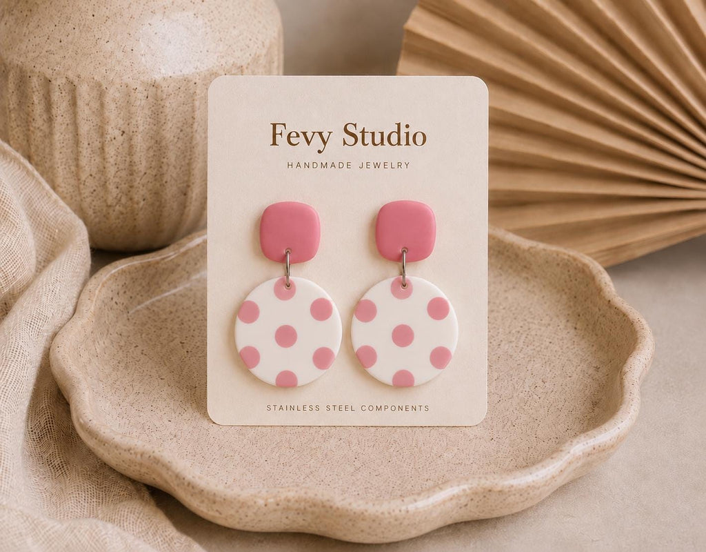 Pink Polka Dot Statement Earrings | Handmade Polymer Clay Dangle Earrings | Lightweight Cute Earrings | Gift for Her