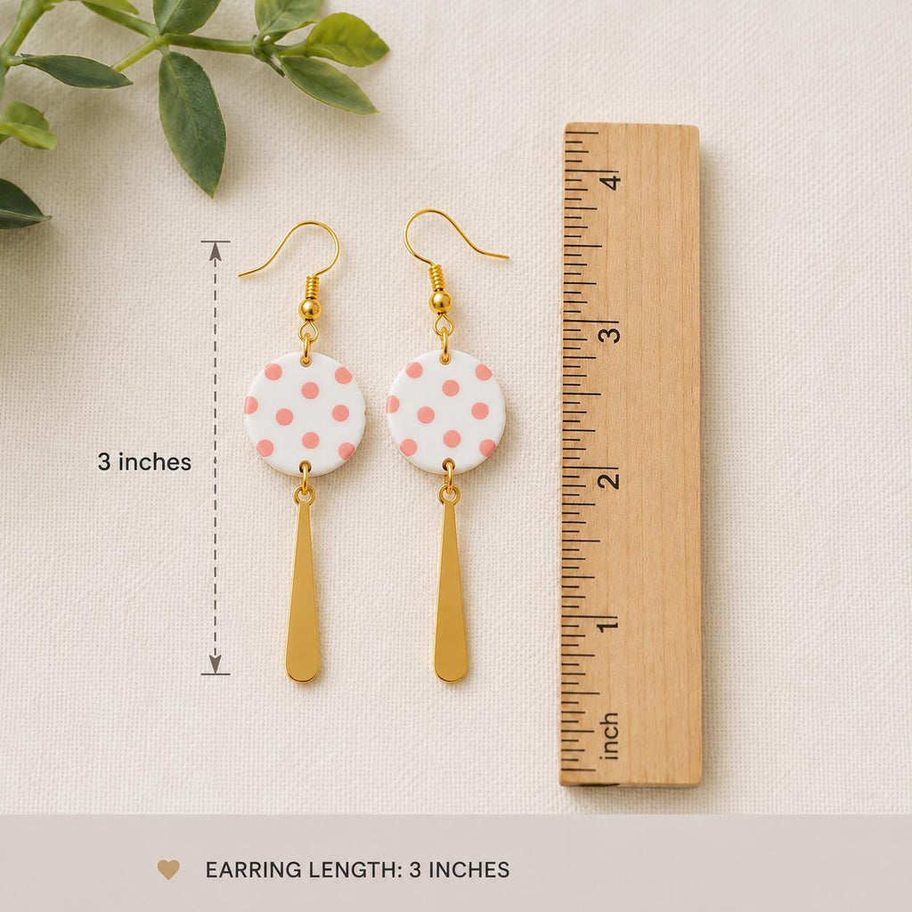 Pink Polka Dot Earrings, Polymer Clay Dangle Earrings, White Statement Earrings, Handmade Pink Earrings, Gold Stainless Steel Earrings, Gift