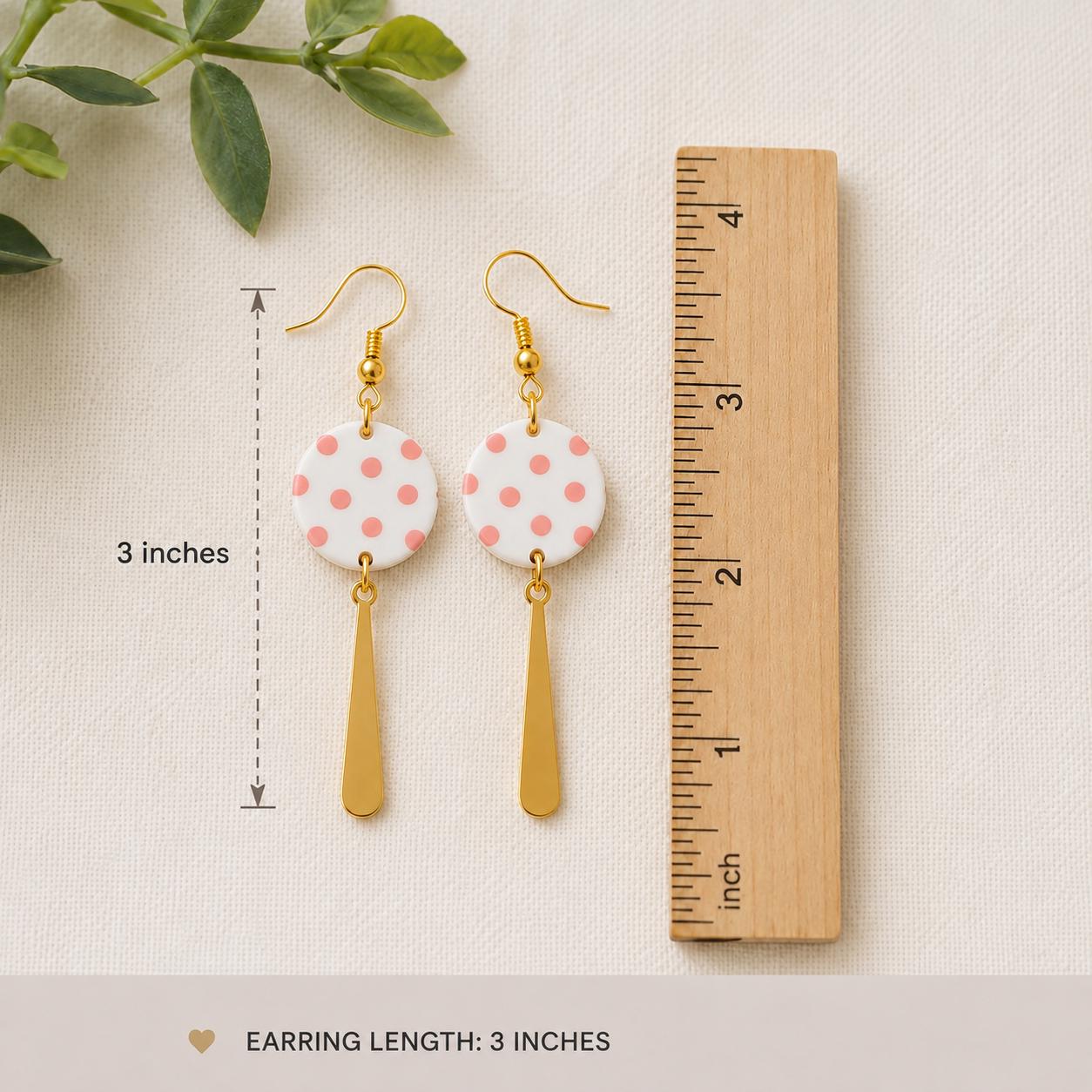 Pink Polka Dot Earrings, Polymer Clay Dangle Earrings, White Statement Earrings, Handmade Pink Earrings, Gold Stainless Steel Earrings, Gift