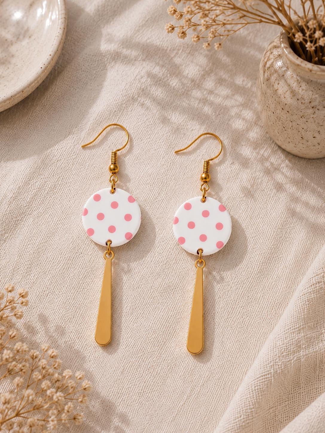 Pink Polka Dot Earrings, Polymer Clay Dangle Earrings, White Statement Earrings, Handmade Pink Earrings, Gold Stainless Steel Earrings, Gift