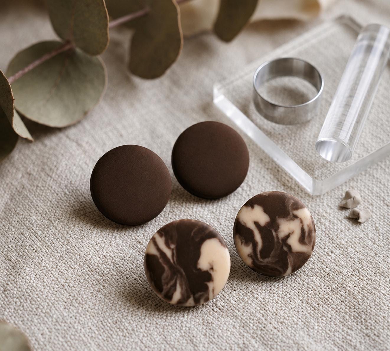 Brown Stud Earring Set, Polymer Clay Earrings, 2 Pair Stud Earrings, Chocolate Brown & Marble Studs, Neutral Earrings, Handmade Gift for Her