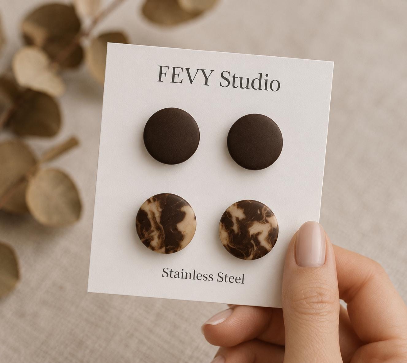 Brown Stud Earring Set, Polymer Clay Earrings, 2 Pair Stud Earrings, Chocolate Brown & Marble Studs, Neutral Earrings, Handmade Gift for Her