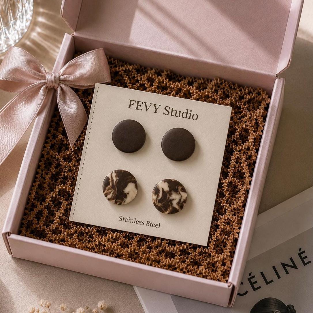 Brown Stud Earring Set, Polymer Clay Earrings, 2 Pair Stud Earrings, Chocolate Brown & Marble Studs, Neutral Earrings, Handmade Gift for Her