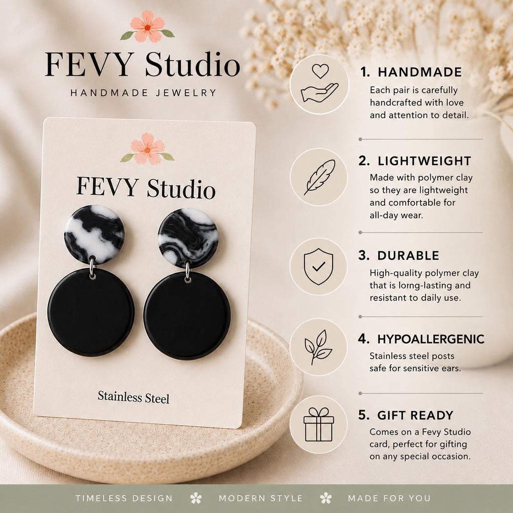 Black & White Marble Statement Earrings | Handmade Polymer Clay Dangle Earrings | Minimalist Modern Jewelry | Gift for Her
