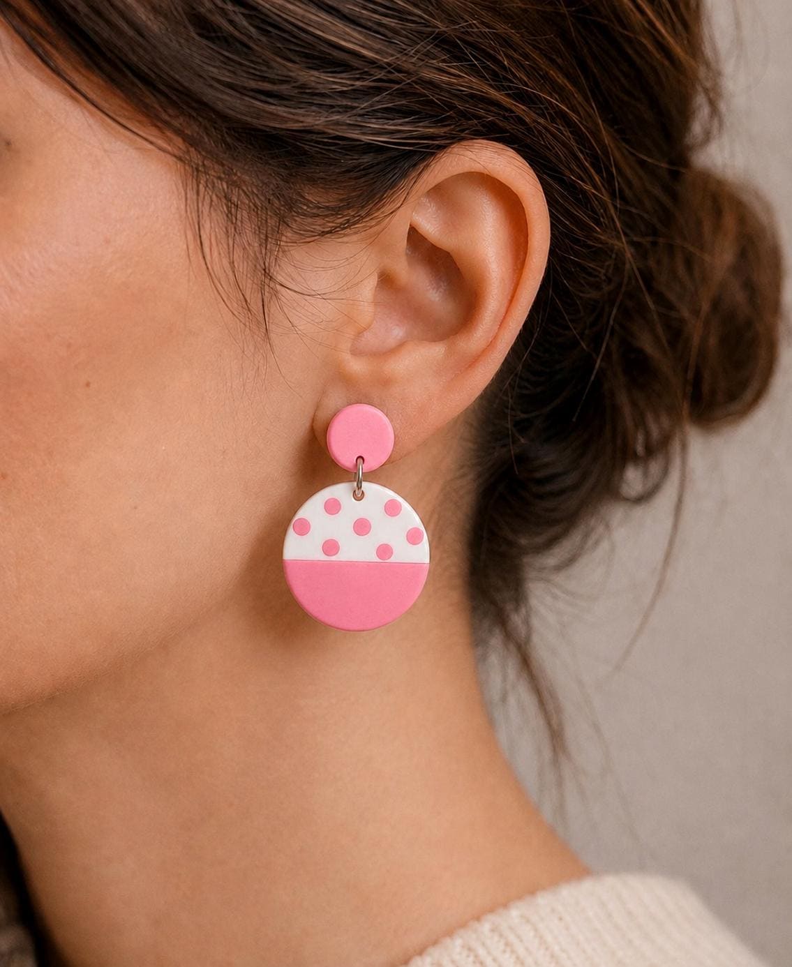 Pink and White Polymer Clay Earrings, Polka Dot Dangle Earrings, Lightweight Handmade Jewelry, Stainless Steel Earrings