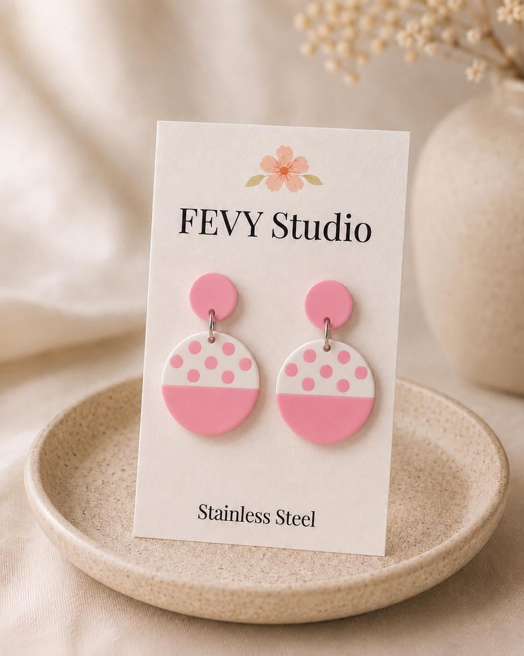 Pink and White Polymer Clay Earrings, Polka Dot Dangle Earrings, Lightweight Handmade Jewelry, Stainless Steel Earrings