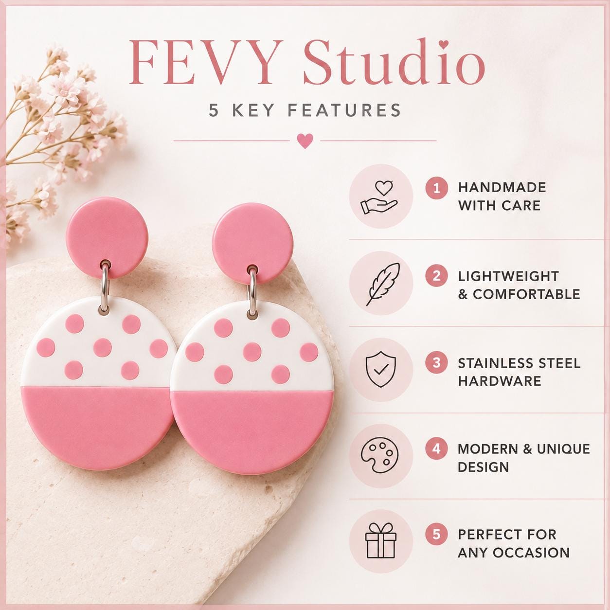 Pink and White Polymer Clay Earrings, Polka Dot Dangle Earrings, Lightweight Handmade Jewelry, Stainless Steel Earrings