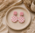 Pink Checkered Earrings, Pink and White Polymer Clay Earrings, Handmade Statement Earrings, Boho Dangle Jewelry, Gift for Her