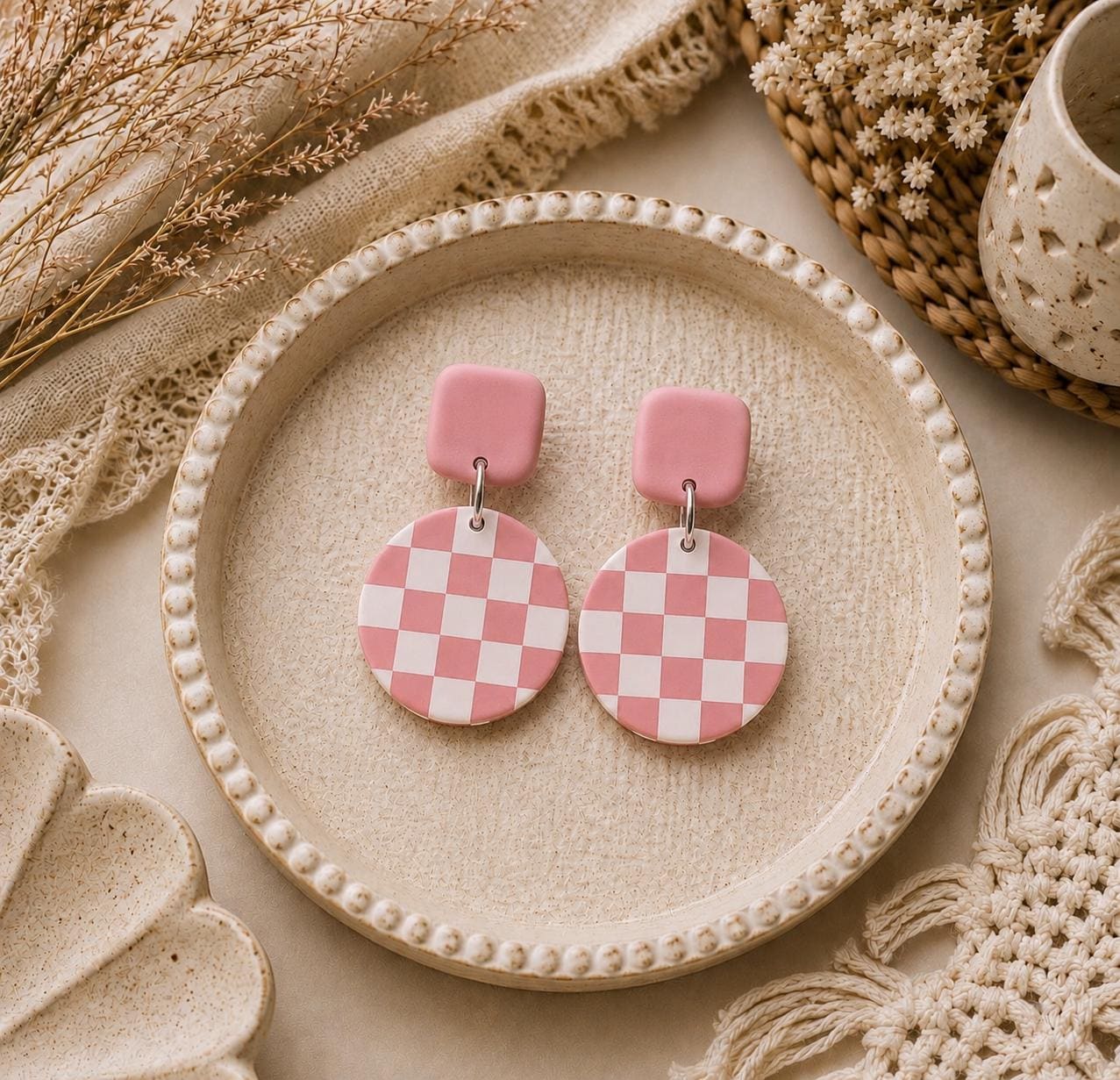 Pink Checkered Earrings, Pink and White Polymer Clay Earrings, Handmade Statement Earrings, Boho Dangle Jewelry, Gift for Her