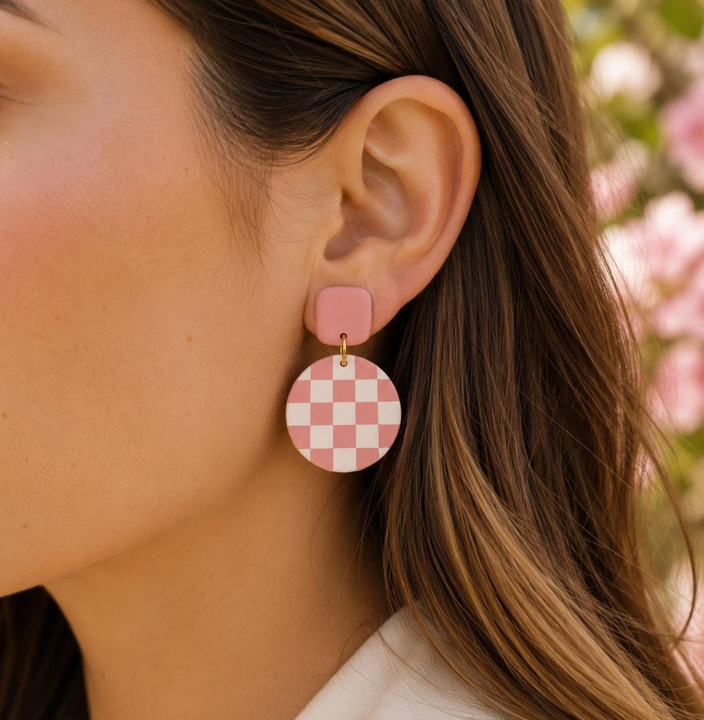Pink Checkered Earrings, Pink and White Polymer Clay Earrings, Handmade Statement Earrings, Boho Dangle Jewelry, Gift for Her