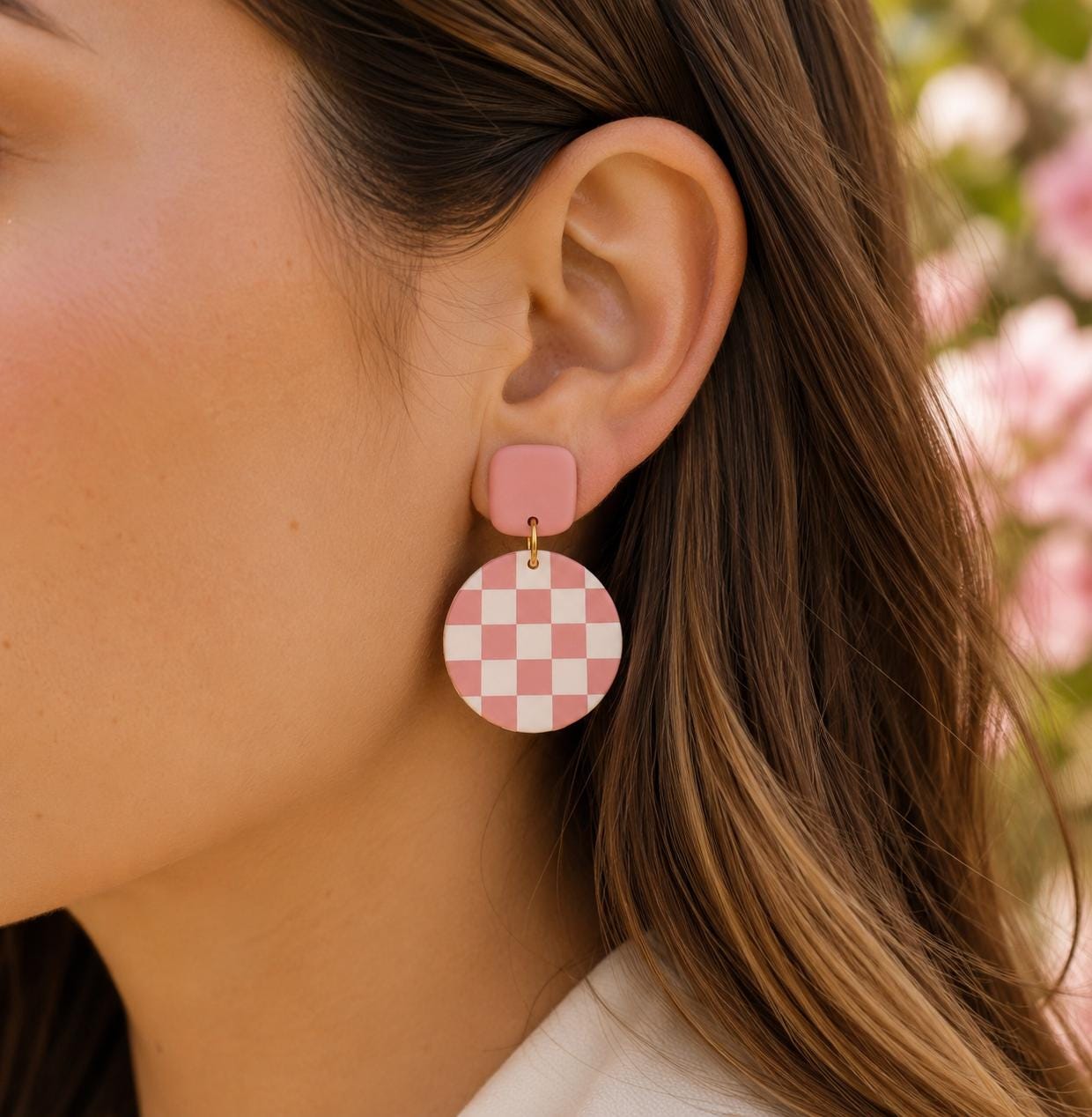 Pink Checkered Earrings, Pink and White Polymer Clay Earrings, Handmade Statement Earrings, Boho Dangle Jewelry, Gift for Her