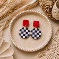 Nautical Checkerboard Polymer Clay Earrings, Navy Red Coastal Statement Jewelry