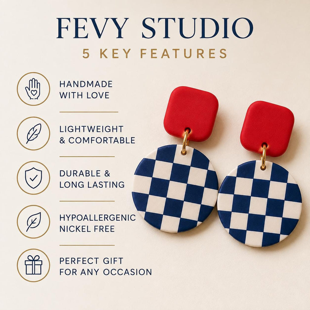 Nautical Checkerboard Polymer Clay Earrings, Navy Red Coastal Statement Jewelry
