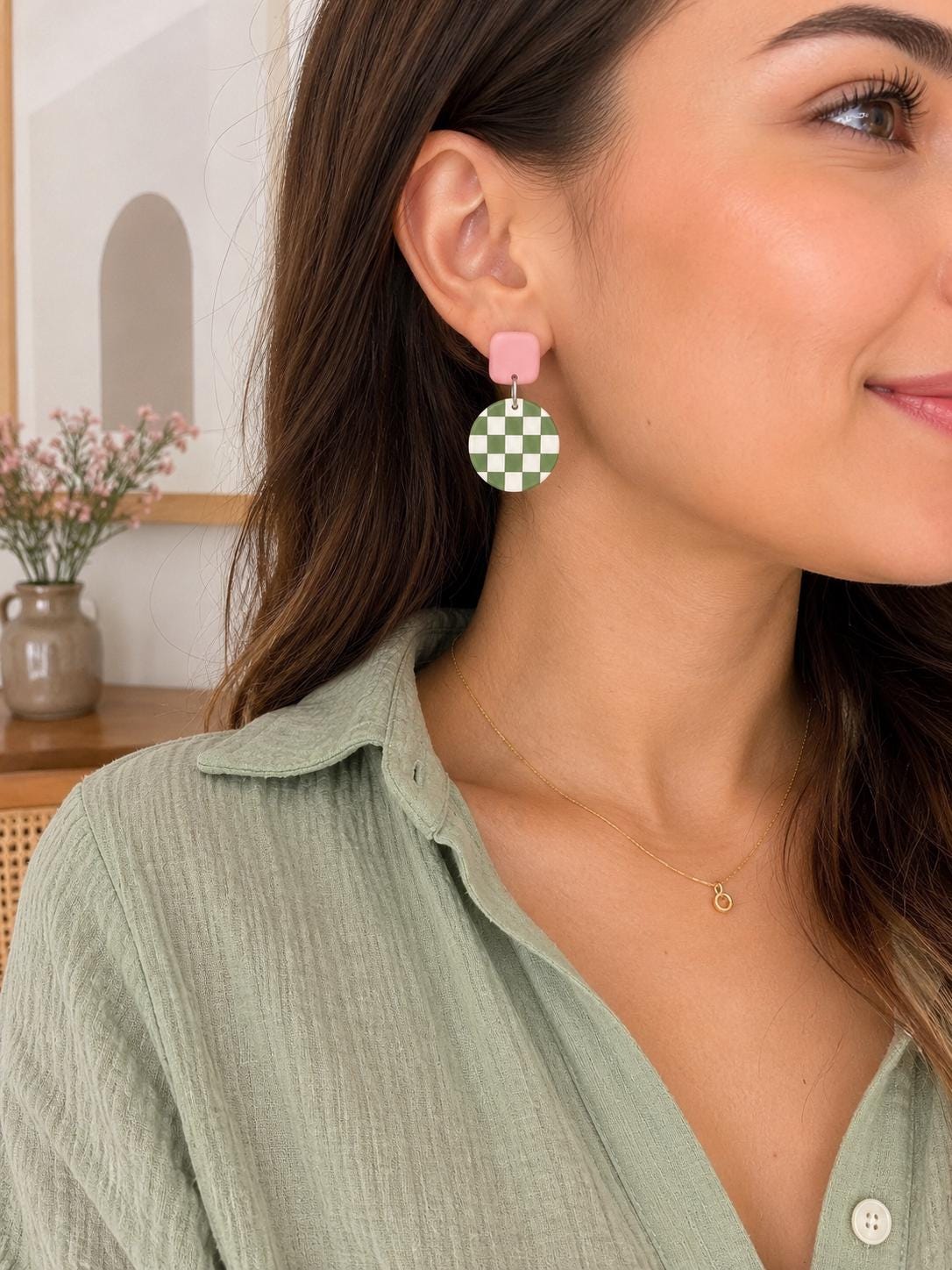 Sage Green Checkerboard |  Pink Stud Dangle Earrings | Polymer Clay Dangle Earrings | Retro Boho Lightweight Jewelry