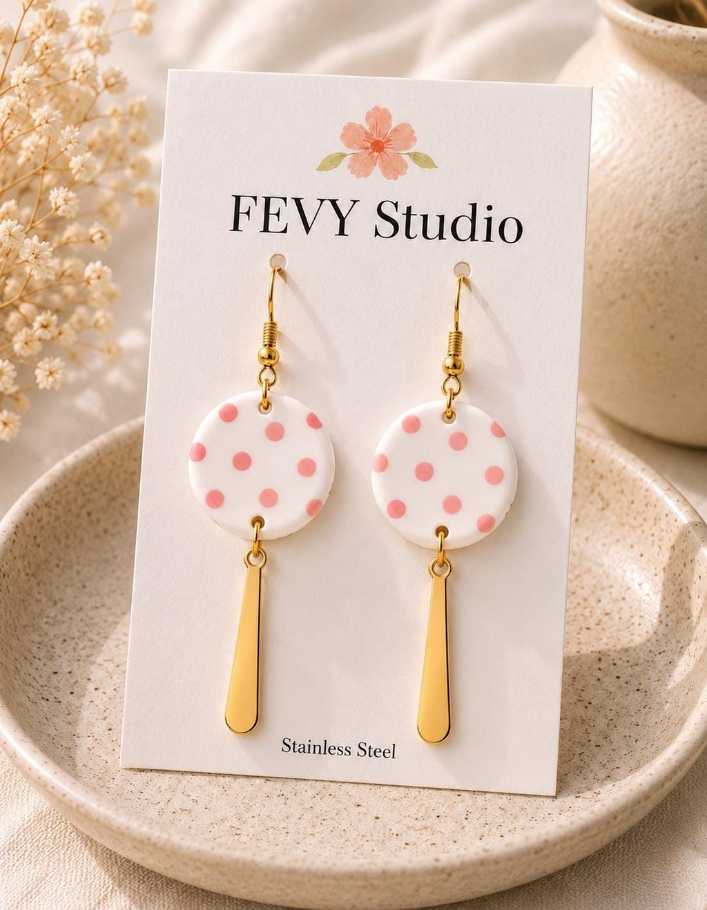 Pink Polka Dot Earrings, Polymer Clay Dangle Earrings, White Statement Earrings, Handmade Pink Earrings, Gold Stainless Steel Earrings, Gift