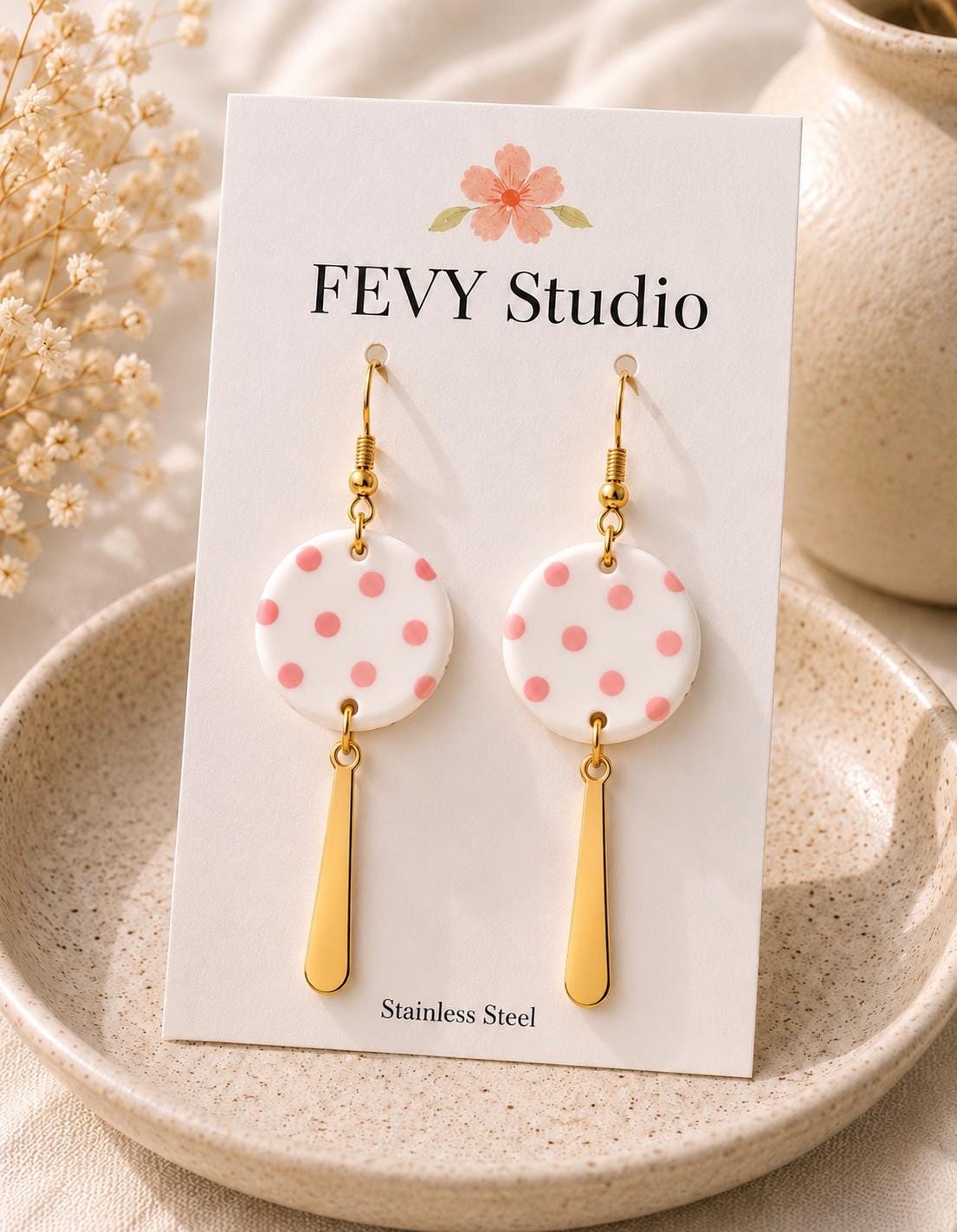 Pink Polka Dot Earrings, Polymer Clay Dangle Earrings, White Statement Earrings, Handmade Pink Earrings, Gold Stainless Steel Earrings, Gift