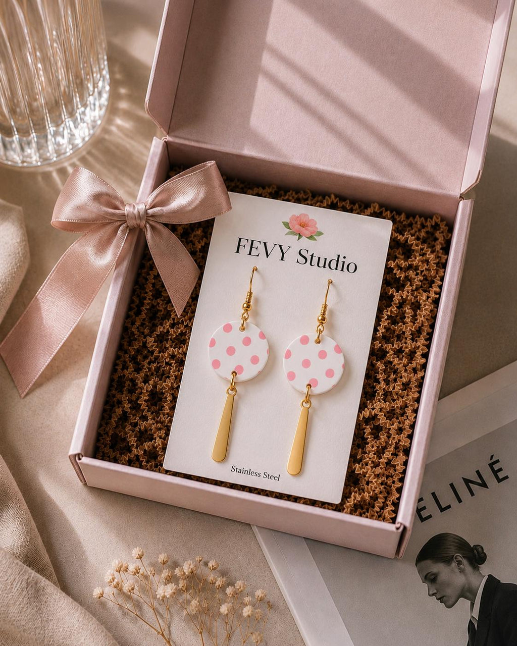 Pink Polka Dot Earrings, Polymer Clay Dangle Earrings, White Statement Earrings, Handmade Pink Earrings, Gold Stainless Steel Earrings, Gift