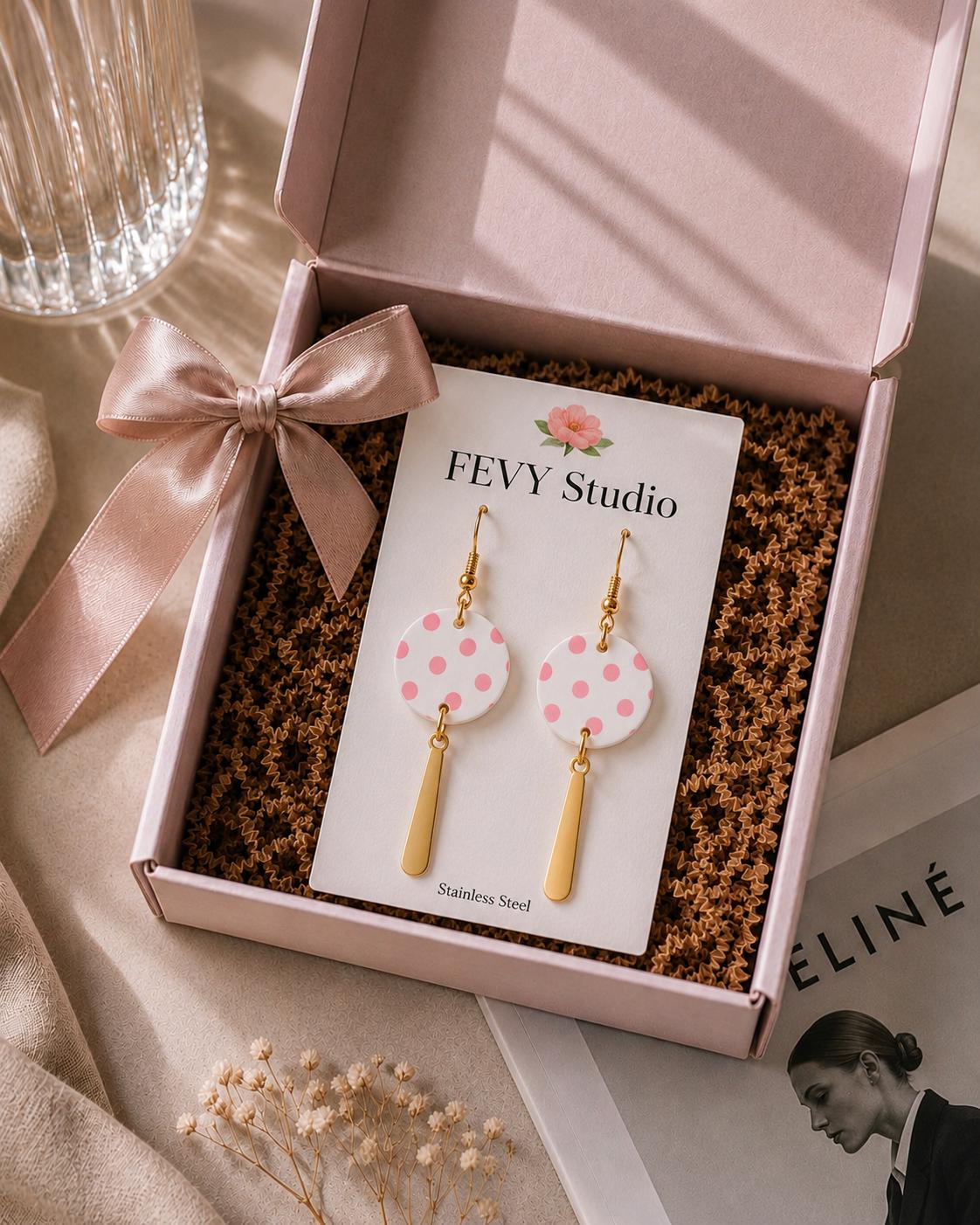 Pink Polka Dot Earrings, Polymer Clay Dangle Earrings, White Statement Earrings, Handmade Pink Earrings, Gold Stainless Steel Earrings, Gift