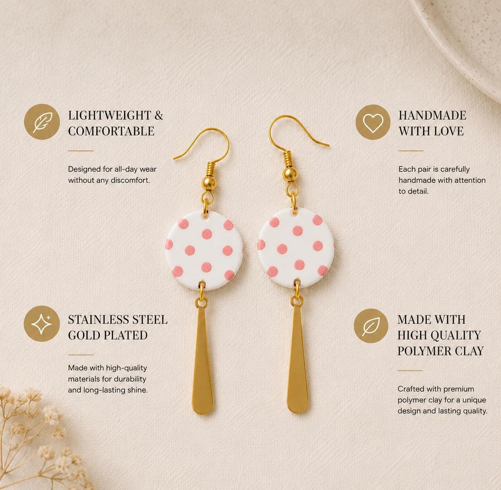 Pink Polka Dot Earrings, Polymer Clay Dangle Earrings, White Statement Earrings, Handmade Pink Earrings, Gold Stainless Steel Earrings, Gift