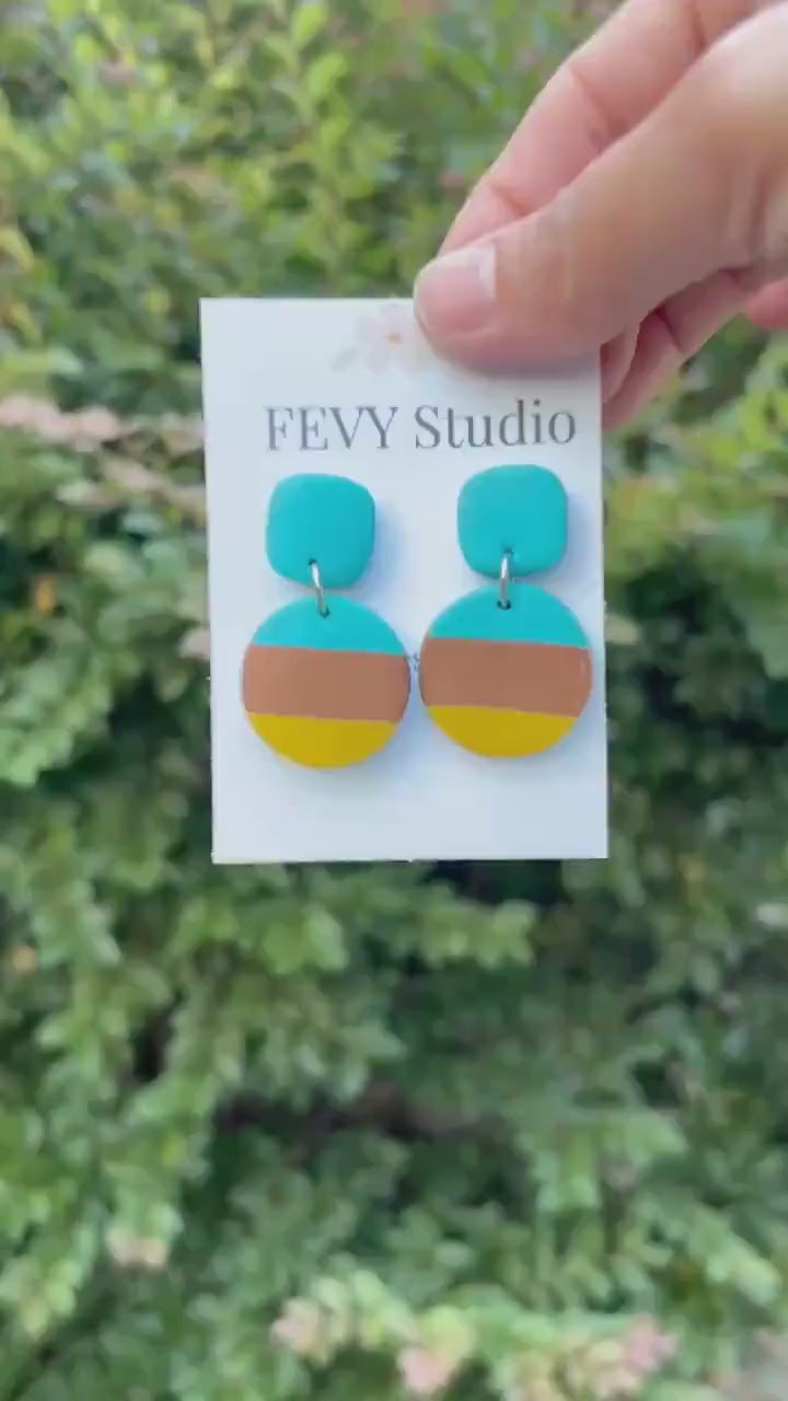Turquoise Polymer Clay Earrings | Modern Color Block Statement Dangle Earrings