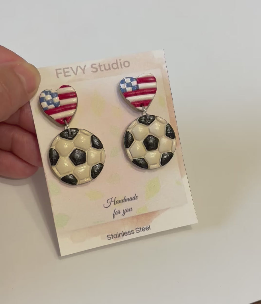 Game Day Earrings Set, Soccer Earrings, USA Flag Heart Studs, Soccer Ball Dangles, 3 Pack Earrings, Sports Jewelry, Football Fan Gift