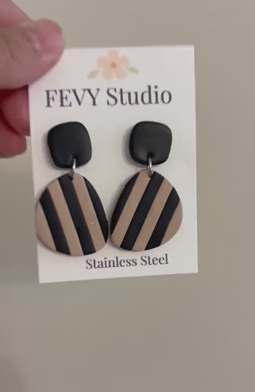 Black & Beige Striped Polymer Clay Earrings | Handmade Statement Dangle Earrings | Modern Minimalist Jewelry | Stainless Steel