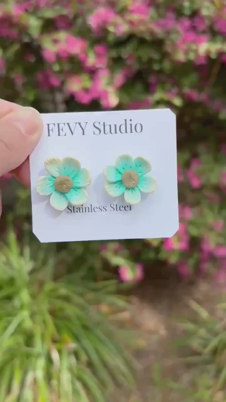 Turquoise Flower Stud Earrings, Polymer Clay Earrings, Handmade Floral Earrings, Gradient Clay Earrings, Stainless Steel Post