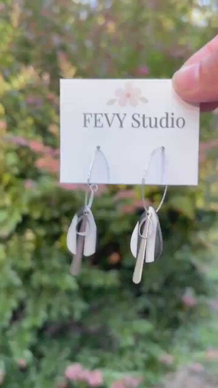 Modern Red White Geometric Polymer Clay Earrings | Gold Minimalist Statement Dangle