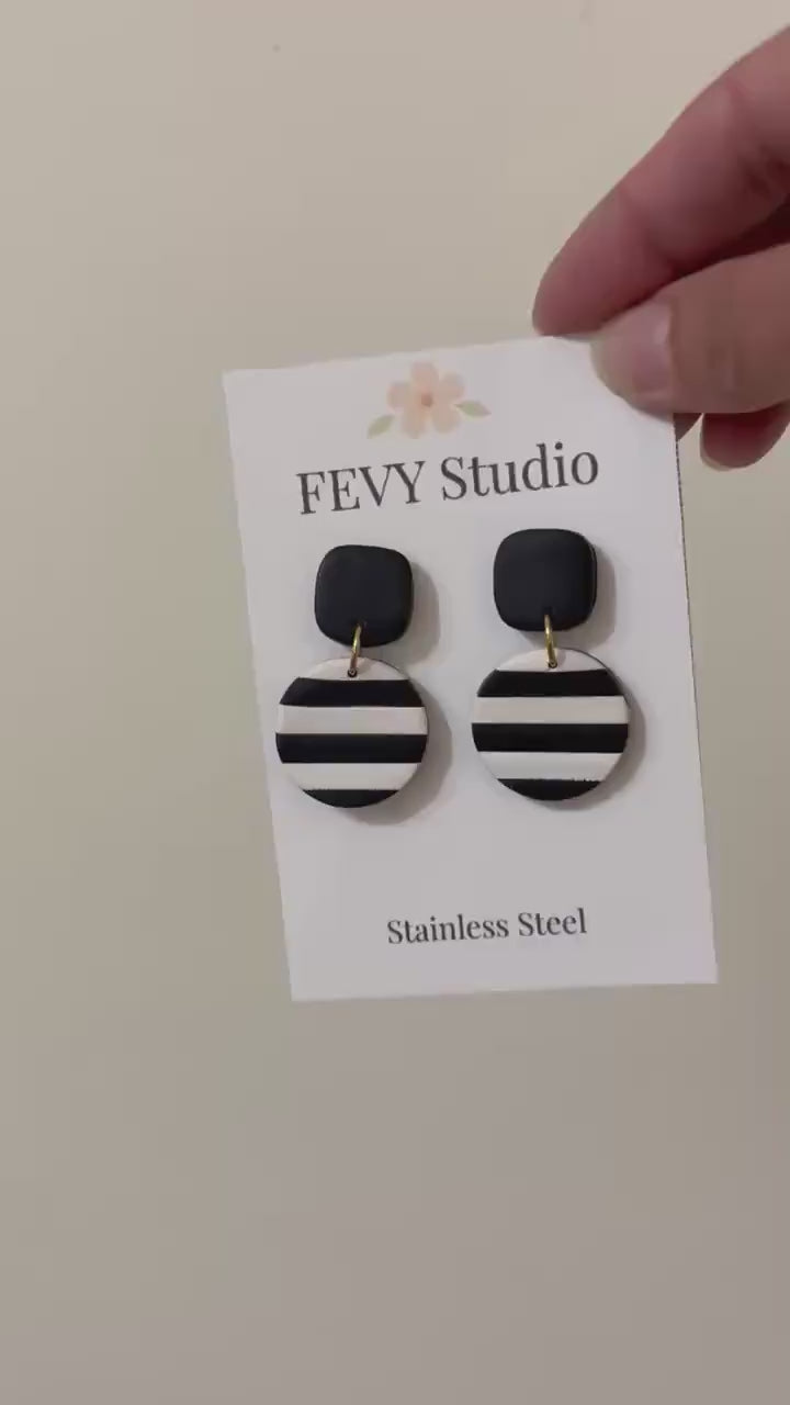 Nautical Stripe Polymer Clay Earrings, Navy Red Coastal Statement Jewelry