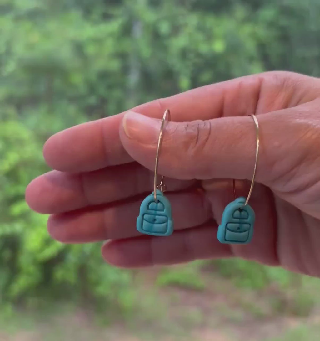 Mini Backpack Earrings | Polymer Clay School Jewelry, Gold Hoops