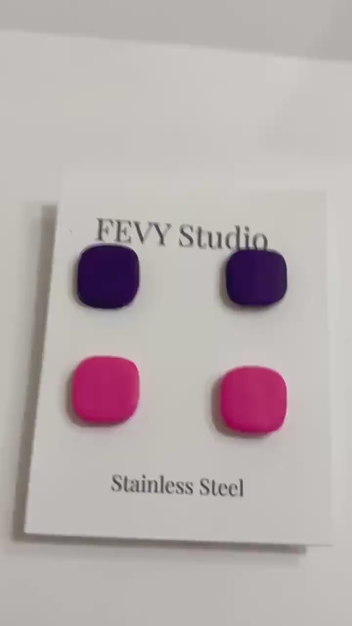 Pink & Dark Purple Stud Earrings Set, Polymer Clay Earrings, Stainless Steel Studs, Minimalist Square Earrings, Gift for Her