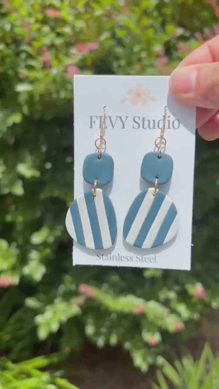 Navy White Striped Polymer Clay Earrings | 18K Gold Plated Dangle Earrings