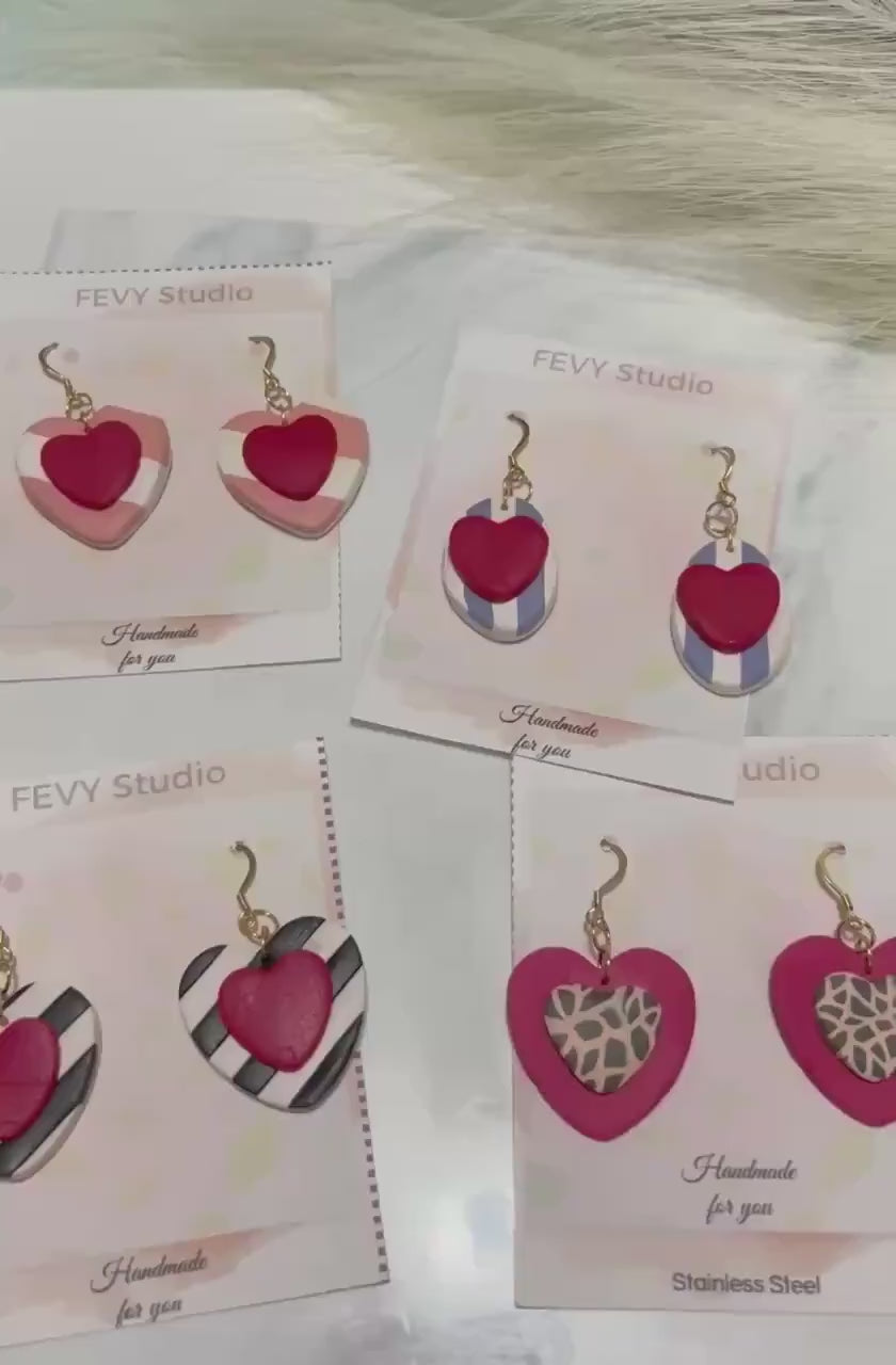 Terracotta Heart Earrings, Polymer Clay Earrings, Boho Statement Earrings, 18K Gold Plated Stainless Steel Hooks, Handmade Clay Jewelry Gift