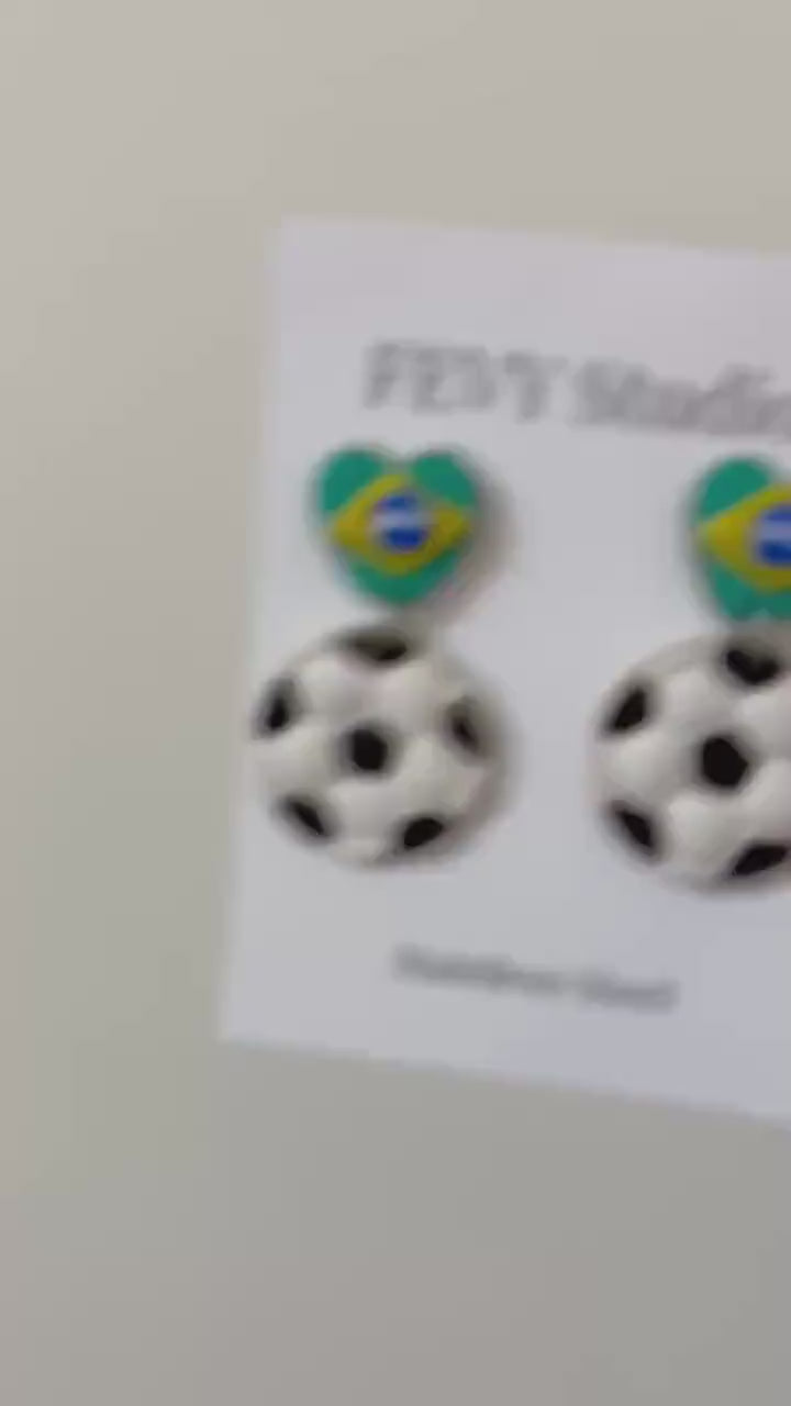 Brazil Soccer Earrings, Football Dangle Earrings, Brazil Flag Jewelry, Handmade Polymer Clay Earrings, Sports Fan Gift, Game Day Jewelry