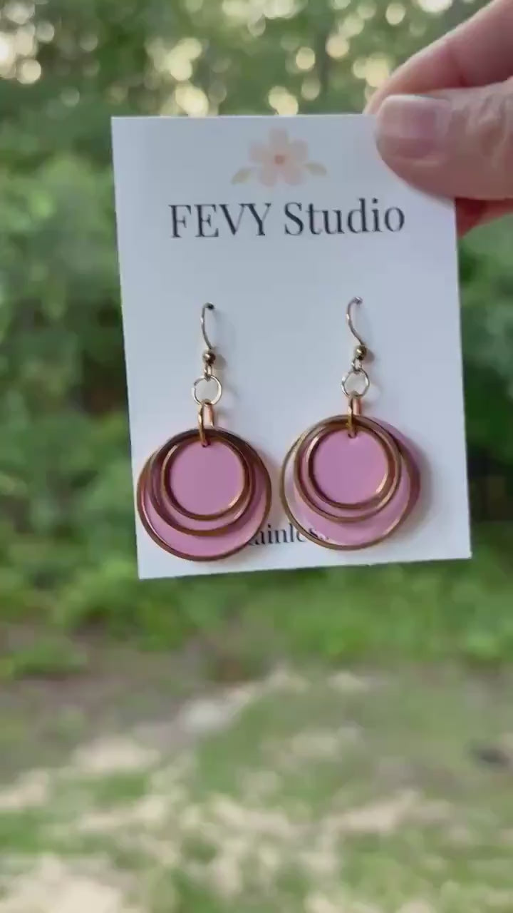 Beige Layered Circle Earrings, Boho Polymer Clay Dangle Jewelry, Lightweight Statement Accessory