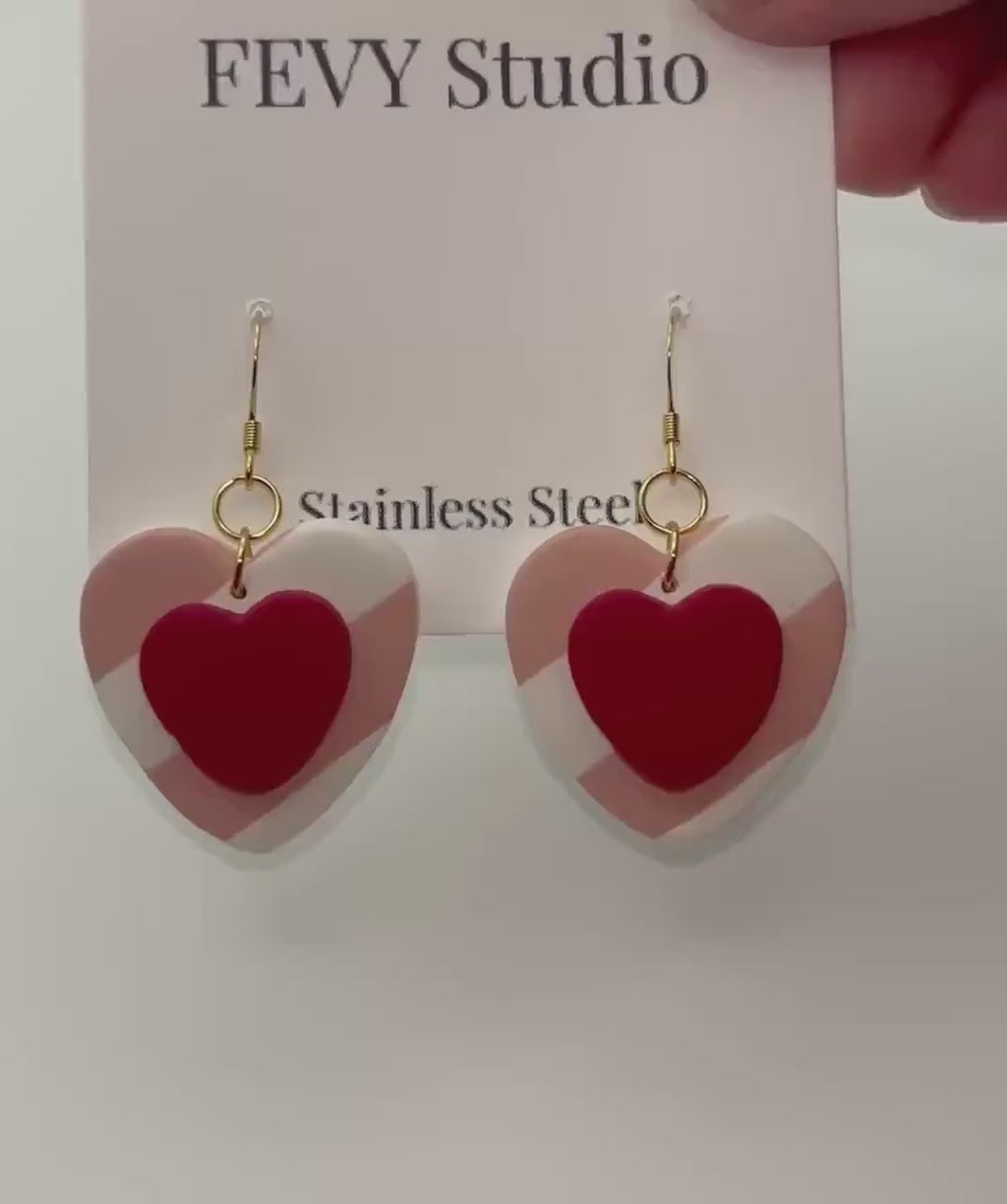 Pink Heart Dangle Earrings, Layered Polymer Clay, 18K Gold Plated Hooks