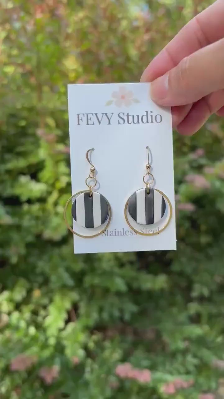 Black White Stripe Polymer Clay Earrings, 18K Gold Plated Geometric Hoops