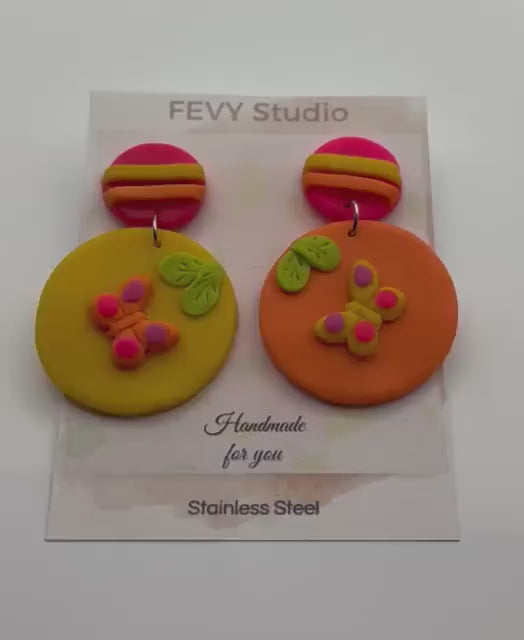Colorful Butterfly Polymer Clay Earrings, Handmade Statement Earrings, Cute Spring Jewelry, Unique Gift for Her, Stainless Steel Post