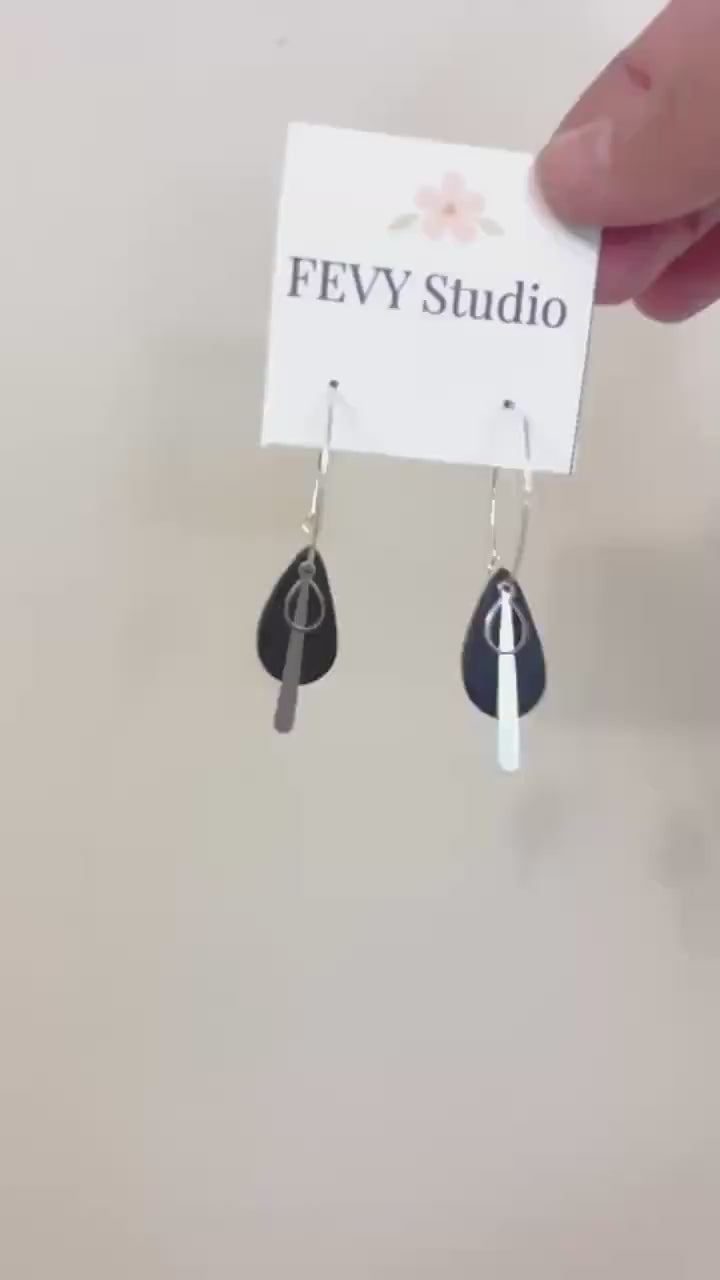 Black Teardrop Earrings, Silver Hoop Earrings, Polymer Clay Statement Jewelry, Minimalist Modern Earrings, Lightweight Gift for Her