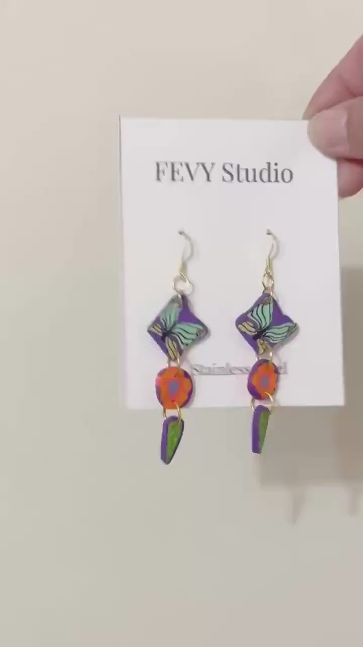 Colorful Butterfly Flower Dangle Earrings | Polymer Clay Statement Jewelry | Gold Hooks